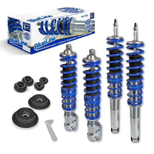 Kit Suspension Combiné Fileté Blueline Réglable en Hauteur - Amortisseurs, Ressorts et Coupelles Avant et Arrière approprié pour VW Golf 3/ Vento 10.91-9.94 (1HXO), Golf 3 Cabrio (1EXO), sauf version Syncro, 4x4 et Break