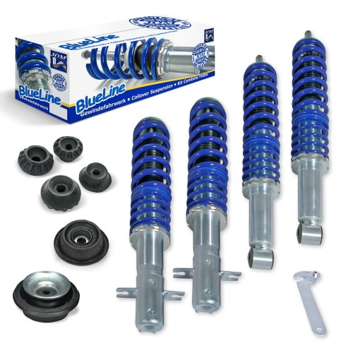 Kit Suspension Combiné Fileté Blueline Réglable en Hauteur - Amortisseurs, Ressorts et Coupelles Avant et Arrière approprié pour VW Golf 2/ Jetta 2 8.83-11.91 (19E) sauf versions 4x4: Rallye, Country et Syncro