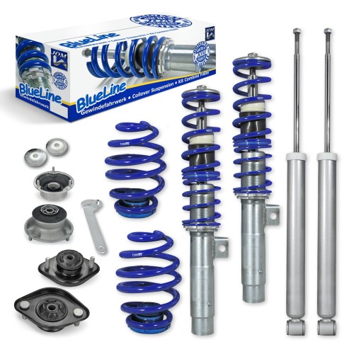 BlueLine Coilover Kit with Domcap Set suitable for BMW E46 4 and 6 cylinder, incl. Touring year 1998-2005