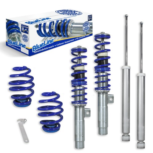 Suspension combiné fileté BlueLine Réglables - Amortisseurs filetés - Tuning Kit Complet - Qualité Allemande approprié pour Compatible av. E46 4+6 Cyl. Incl. Touring 98-05, Tuning Kit Complet - Qualité Allemande  (Besoin de Biellette)