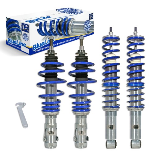 Suspension combiné fileté BlueLine Réglables - Amortisseurs filetés - Tuning Kit Complet - Qualité Allemande approprié pour Compatible av. Polo 6N Facelift, Variant 99-02 (6N/2), Tuning Kit Complet - Qualité Allemande