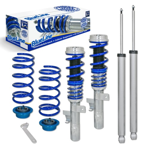 Suspension combiné fileté BlueLine Réglables - Amortisseurs filetés - Tuning Kit Complet - Qualité Allemande approprié pour Ford Focus 2 1.6/Ti/ 1.8/ 2.0/ 1.6TDCi/ 1.8TDCi/ 2.0TDCi/ ST 2.5 NON pour Cabrio/ Turnier, 10.04-2010, Tuning Kit Complet - Qualité