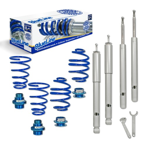 Suspension combiné fileté BlueLine Réglables - Amortisseurs filetés - Tuning Kit Complet - Qualité Allemande approprié pour Compatible av. E30 Cabrio 316/316i/318i/320i/323i/325i/324D/TD, 5.86-5.93, Que pour 51 mm jambe de force à ressort, Tuning Kit Comp