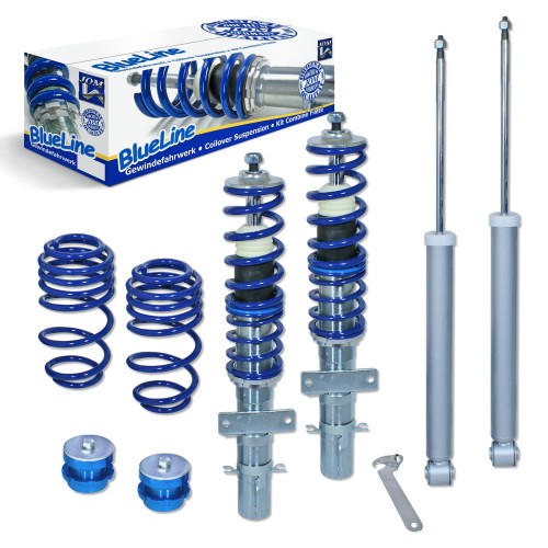 Suspension combiné fileté BlueLine Réglables - Amortisseurs filetés - Tuning Kit Complet - Qualité Allemande approprié pour Seat Ibiza Typ 6J/ 6P 1.2/ 1.4/ 1.6/ 1.4 TDi/ 1.6TDi/ 1.9TDi, 2.0TDi, 08-17, Tuning Kit Complet - Qualité Allemande