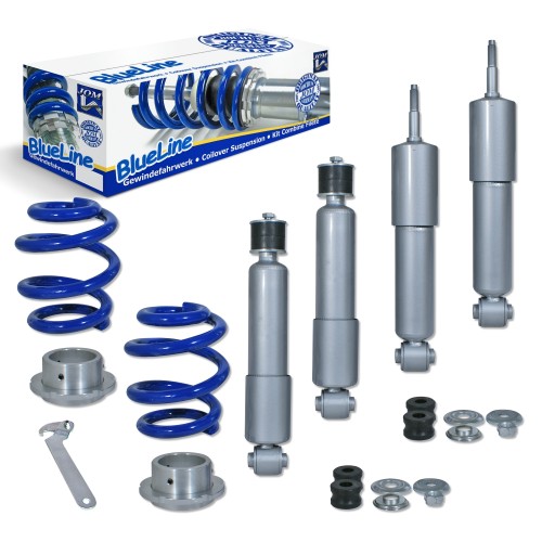 Suspension combiné fileté BlueLine Réglables - Amortisseurs filetés - Tuning Kit Complet - Qualité Allemande approprié pour Compatible av. T4 Transporter Incl. Syncro/ Multivan/ Caravelle/ Bus T4 Incl. Syncro 91-03, Barres de torsion en série