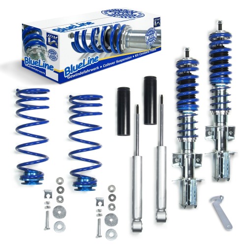 Suspension combiné fileté BlueLine Réglables - Amortisseurs filetés - Tuning Kit Complet - Qualité Allemande approprié pour Volvo 850 Incl. Kombi, 2.0i/ 2.5i/ 2.5i 20V/ 2.3i T 20V Sans AWD 91-96 (Typ LS, LW), S70/V70 2.0/ 2.4/ 2.4T/2.5/ 2.5 20V/ 2.5T/ 2.5