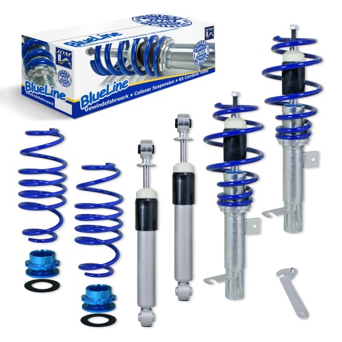 Suspension combiné fileté BlueLine Réglables - Amortisseurs filetés - Tuning Kit Complet - Qualité Allemande approprié pour Ford Fiesta JH/JD 1.25/1.3/1.4/1.6/1.4TDCi/1.6TDCi 11.01-08, ST 2.0 11.04-08,  Tuning Kit Complet - Qualité Allemande