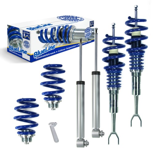 Suspension combiné fileté BlueLine Réglables - Amortisseurs filetés - Tuning Kit Complet - Qualité Allemande approprié pour Compatible av. A6 (4F) Limo 2.0 TDI/ 2.0 TFSI/ 2.4/ 2.7 TDI/ 2.8 FSI/ 3.0/ 3.2 FSI , 04-11, NON pour Quattro, Tuning Kit Complet - 